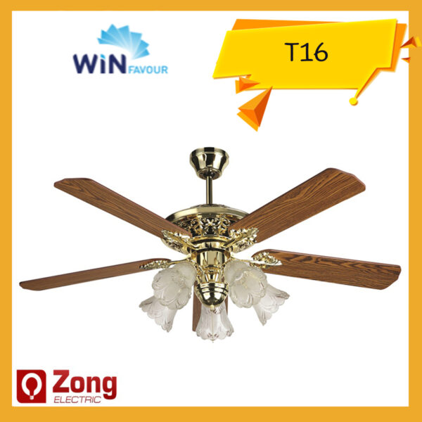 T16 Win Favour พัดลมเพดาน พัดลมโคมไฟ ใบพัด52นิ้ว 5ใบพัดไม้ ชนิดโซ่ดึง T16 สีทองเงา Pull chain Ceilling fan with lamp